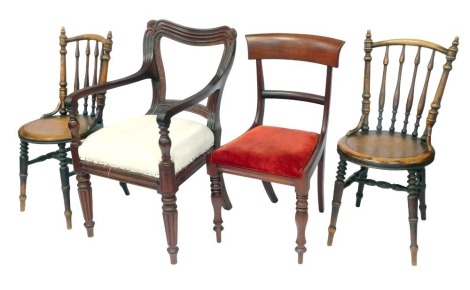 A group of chairs, to include a mahogany carver chair, with a carved back, inset panel for an overstuffed back (lacking), overstuffed seat, on cylindrical tapering fluted legs, etc.