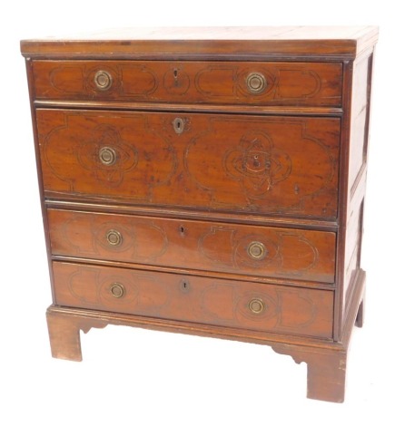 A George II mahogany chest of four graduated drawers, on bracket feet, with later ebony banded decoration, 106cm high, 99cm wide, 58cm deep.