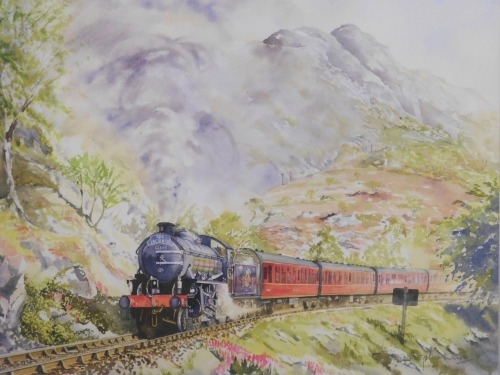 Christopher Ware (20thC School). The Jacobite 62005, study of a steam train in a mountainous landscape, watercolour, signed, 34.5cm x 43.5cm.