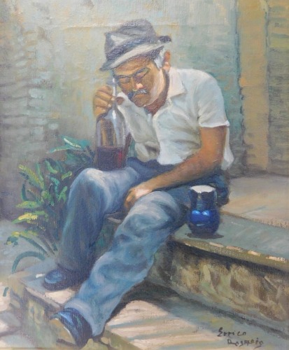 Errico Rosario. Italian portrait, study of man with bottle of drink, seated on stone steps, oil on canvas, signed, 30cm x 29cm.