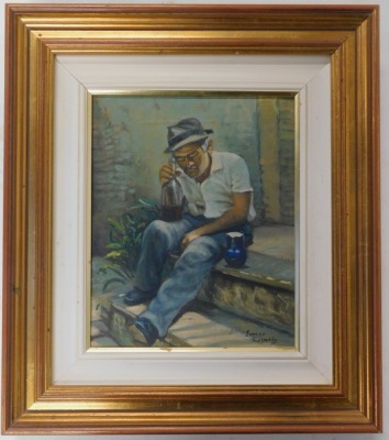 Errico Rosario. Italian portrait, study of man with bottle of drink, seated on stone steps, oil on canvas, signed, 30cm x 29cm. - 2