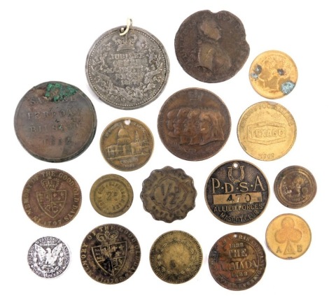 A bronze medal commemorating the Centenary of The Royal Family 1897, Golden Jubilee medal, and assorted 18thC and later trade and gaming tokens, including Samuel Fereday Bilston one penny 1812, Great Drury Lane Drama Armada coin, Spade Guinea gaming token