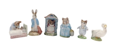 Six Royal Albert Beatrix Potter pottery figures, comprising Peter and the Red Pocket Handkerchief, Aunty Pettitoes, Tom Kitten, Miss Doormouse, Rebeccah Puddle Duck and Peter in Bed.