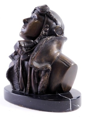 A bronzed Aviation figure, on an oval black marble base, depicting aeroplane pilot, 21cm high, stamped BS. - 2