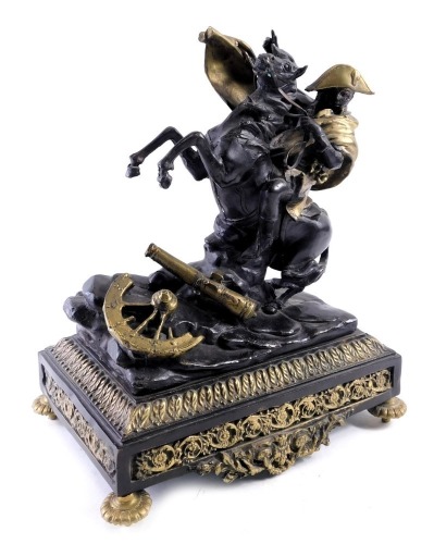 After AD Mougin, Paris, of Napoleon on horseback, with broken cannon to foot, on a rectangular rococo scroll base, on bun feet, 23cm high, 25cm wide, 18cm deep.