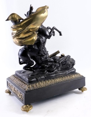 After AD Mougin, Paris, of Napoleon on horseback, with broken cannon to foot, on a rectangular rococo scroll base, on bun feet, 23cm high, 25cm wide, 18cm deep. - 2