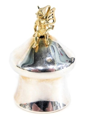 An Elizabeth II silver tooth fairy keep sake jar, shaped as a mushroom with a silver gilded fairy top, Sheffield 1995, 0.56oz, boxed.