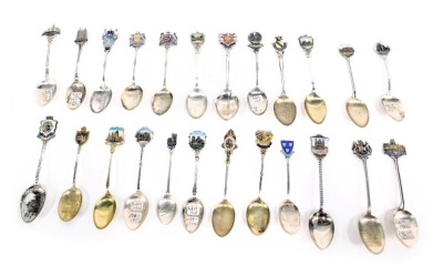 A group of silver and other souvenir spoons, each with enamel top, to include Durham Cathedral, Ely Cathedral, Exeter, William Shakespeare, Norwich, London, etc., 10.32oz. (a quantity)