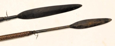 Two 19thC Zulu spears, long wooden handle and basket weave support grip, steel blade, 123cm long. (2) - 2