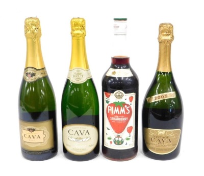 A bottle of Marks & Spencer's 2005 Cava, two other bottles of Cava, and a Special Edition bottle of strawberry flavoured Pimms.