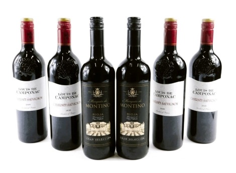 Four bottles of Louis de Camponac Cabernet sauvignon 2020, and two bottles of Montino Rioja. (6)