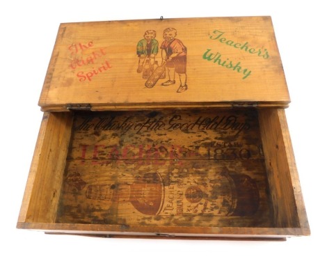 A pine box made from a Teacher's whisky crate, the inside lid printed with two children playing cricket, etc., 43cm wide.