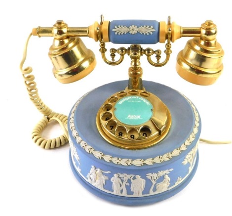 A Wedgwood Jasperware Astral telephone, dial telephone with gilt metal mounts, 20cm high, 25cm wide, 11cm deep.