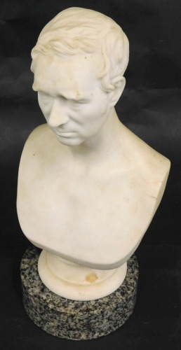 A 19thC Copeland Parian bust, of George Stephenson on a circular socle, 19cm high, mounted onto a later granite plinth, 3cm high.