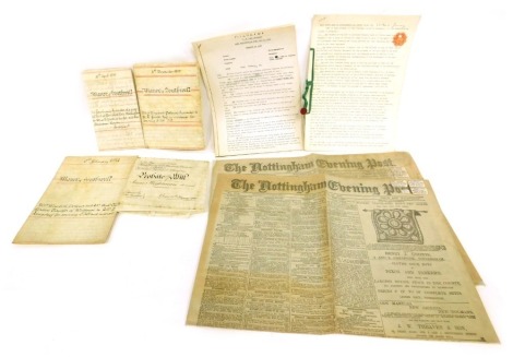 A quantity of indentures, relating to the Manor of Southwell, dated 1830 onwards, two 19thC copies of the Nottingham Evening Post, etc.