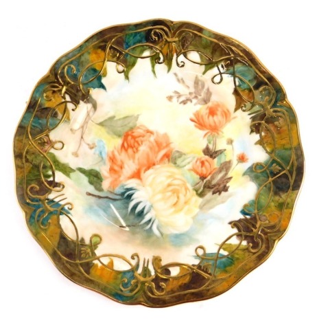 A Wedgwood Traditions Heirloom porcelain plate, later decorated with flowers and leaves within gilt borders, by D Hirst in 2005, with personal inscription, 29cm diameter.