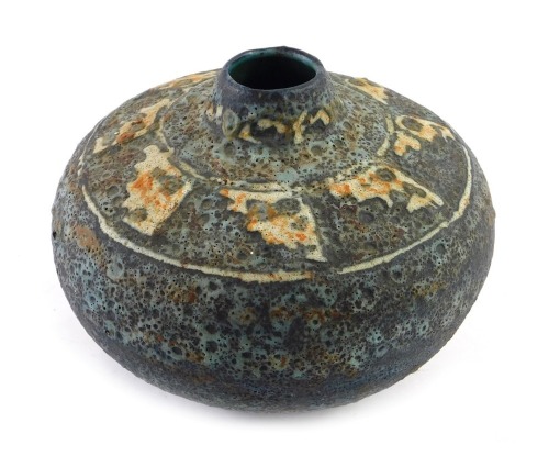 A 1960s/70s Studio Pottery squat vase, with fat lava style raised decoration, unmarked, 19cm diameter.