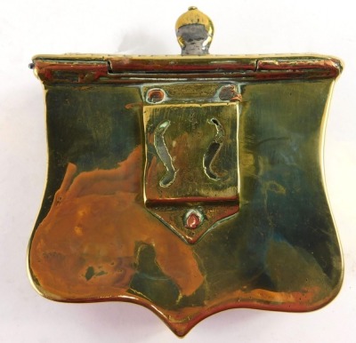 A 19thC copper and brass box and cover, engraved with scrolls and with belt attachment to rear, possibly Dutch, 10.5cm wide. - 2