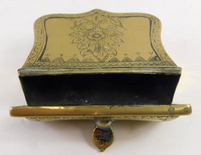 A 19thC copper and brass box and cover, engraved with scrolls and with belt attachment to rear, possibly Dutch, 10.5cm wide. - 3