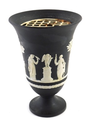 A Wedgwood black Jasperware Arcadian vase, boxed, 19cm high.