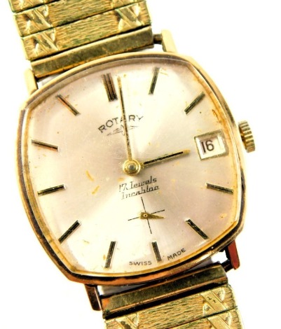 A 9ct gold cased Rotary gent's wristwatch, with a silvered dial, with Incabloc and seventeen jewel movement, with date aperture, on an expanding stainless steel and plated strap, 57.9g all in.