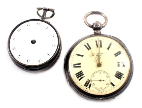 Two silver pocket watches, comprising a late 18th/early 19thC pocket watch, with white enamel numeric dial, movement stamped Thomas Maston of London, numbered 5201, stamped I.B, with rubbed hallmarks, and a H Stone of Leeds Edward VII silver pocket watch,