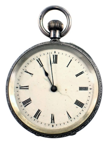 A Victorian fob watch, the heavily engraved case above a white enamel Roman numeric dial with blue hands, an inner cover opening to reveal a seventeen jewel movement, white metal stamped 935, 42.5g all in.