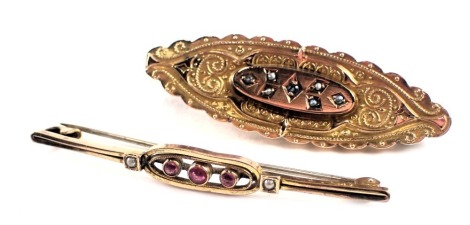 Two Victorian bar brooches, comprising a single bar set with garnet and seed pearl, yellow metal unmarked, 6cm wide, and a further bar brooch with petalated border and memorial panel back, set with seed pearl and sapphire, yellow metal unmarked, 5cm wide,