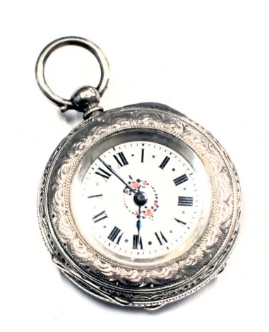 A 19thC Continental fob watch, the heavy hammered floral case with a vacant shield, the white enamel Roman numeric dial with blue hands and transfer printed rose decoration, white metal stamped 800 fine silver, with seventeen jewel movement, key wind, 32.