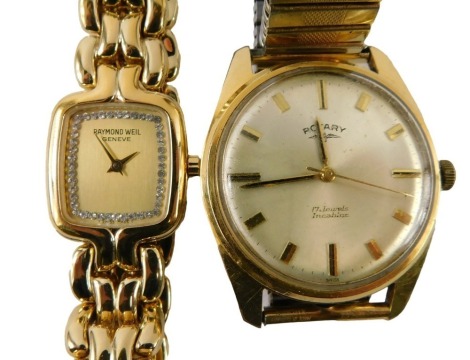 Two wristwatches, comprising a ladies Raymond Weil wristwatch, with a crystal studded border, in a gold plated and stainless steel case, in presentation box, and a Rotary seventeen jewel Incabloc movement gentleman's gold plated and stainless steel wristw