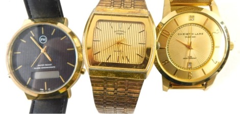 Three gentleman's fashion watches, comprising a Rotary wristwatch, a Christian Lars stainless steel cased and gold plated gentleman's wristwatch with diamond encrusted dial, and a Phillip Mercier gentleman's alarm chronograph wristwatch, boxed. (3)