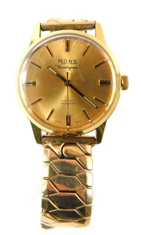 A Rone gold plated gentleman's wristwatch, The Countryman with seventeen jewel Incabloc movement with a stainless steel back and gold plated case, on expanding gold plated bracelet, boxed.