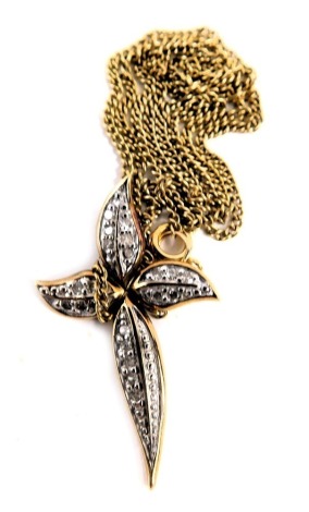 A Royal Mint leaf cross pendant and chain, the leaf cross pendant set with twenty one points of tiny diamonds, in yellow metal frame stamped 375, with certificate of authenticity, boxed, the pendant 3.5cm high, the chain 40cm long, 4.6g all in, boxed.