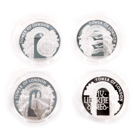 A Royal Mint Tower of London coin collection, comprising four five pound silver proof coins, The Infamous Prison 2020, The Royal Mint 2020, The White Tower 2020, and The Royal Menagerie 2020, in fitted boxes with outer slip case. (4)