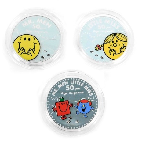 Three Royal Mint 50th Anniversary of Mr Men one ounce silver proof coins, comprising 2021 Mr Men, Little Miss & Mr Men-Little Miss, boxed. (3)