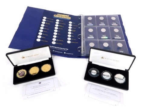 Jubilee Mint collectors coins, comprising The Dambusters 75th anniversary solid silver proof coin set, comprising the five pound, two pound, and one pound coin in presentation pack, The Queen's Coronation Jubilee 24ct gold plated commemorative coin collec