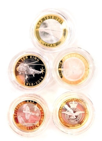 Five Royal Mint RAF centenary silver proof two pound coins, comprising 2018 centenary badge, Sea King, Spitfire, F-35 Lightning II, Centenary Vulcan, boxed. (5)