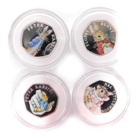 Four Beatrix Potter Royal Mint silver proof fifty pence pieces, comprising 2020 Peter Rabbit, 2018 Mrs Tittlemouse, 2019 Peter Rabbit, and 2018 Flopsy Bunny, boxed. (4)