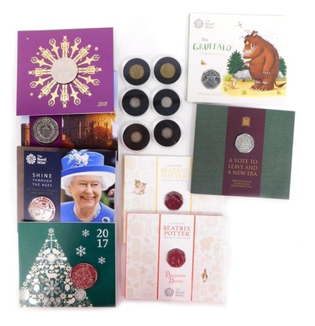 Royal Mint collectors coins, comprising The Nutcracker Christmas Card 2018 five pound cupronickel coin, Vote to Leave and A New Era European Union 2020 fifty pence piece, Royal Mint Gruffalo fifty pence piece, Shine Through the Ages Treasure of Life five 