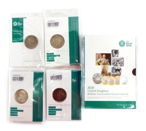 A group of Royal Mint collectors coins, comprising The Treasure for Life 2020 United Kingdom Brilliant uncirculated Annual Coin set, comprising five pound coin, two pound coin, and fifty pence pieces, The Collectors Services Canada George VI silver dollar