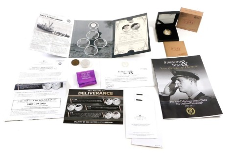 Royal Mint collectors coins, comprising The Miracle of Dunkirk Official Merchant Navy Association Little Ships Dunkirk, in presentation pack, a WWII cupronickel coin depicting the Sir Winston Leonard Spencer Churchill, a Victoria Britannia penny, and a Ro