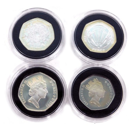 Two cased silver proof fifty pence coin sets, comprising the 1997 United Kingdom silver proof fifty pence two coin set, and the United Kingdom silver proof fifty pence coin set for 1998, boxed. (2)