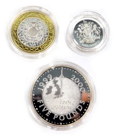 Three Royal Mint silver collectors coins, comprising a 1998 silver proof one pound coin, a 1998 silver proof two pound coin, and a silver proof 2000 millennium five pound coin, boxed. (3)