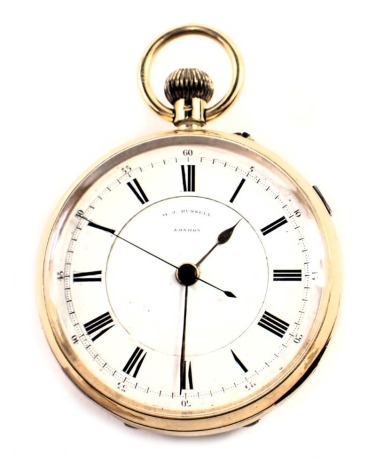 An Edward VII 18ct gold pocket watch, with a white enamel Roman numeric dial, maker MJ Russell of London, with a white enamel Roman numeric dial gold hands and blue seconds hand, bezel wind, with inner cover, seventeen jewel movement numbered 18886, Chest