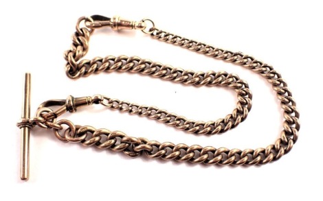 A curb link watch chain, with two clips and T bar, yellow metal stamped 9ct, 14cm long, 37.2g.