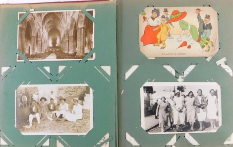 An album of early 20thC postcards, to include humorous, portrait photographs, shipping, etc.