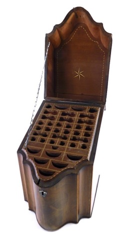 A George III mahogany chequer banded slope top knife box, the hinged lid enclosing a fitted interior, with a shaped front, 37cm high, 22cm wide.