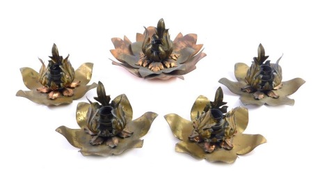 A collection of five various copper and brass Arts and Crafts light fittings, each formed and petals and leaves, incomplete. (AF)