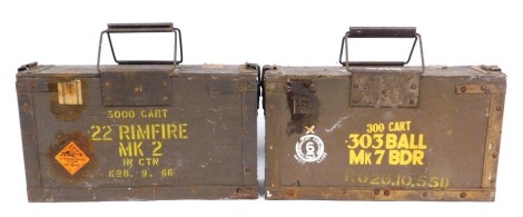 Two wood and metal ammunition boxes, each with carrying handles, one stamped 303BDR.