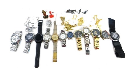 A group of costume jewellery and trinkets, to include gentleman's fashion watches, Timex, Amego, digital display wristwatches, watch parts, etc. (1 box)